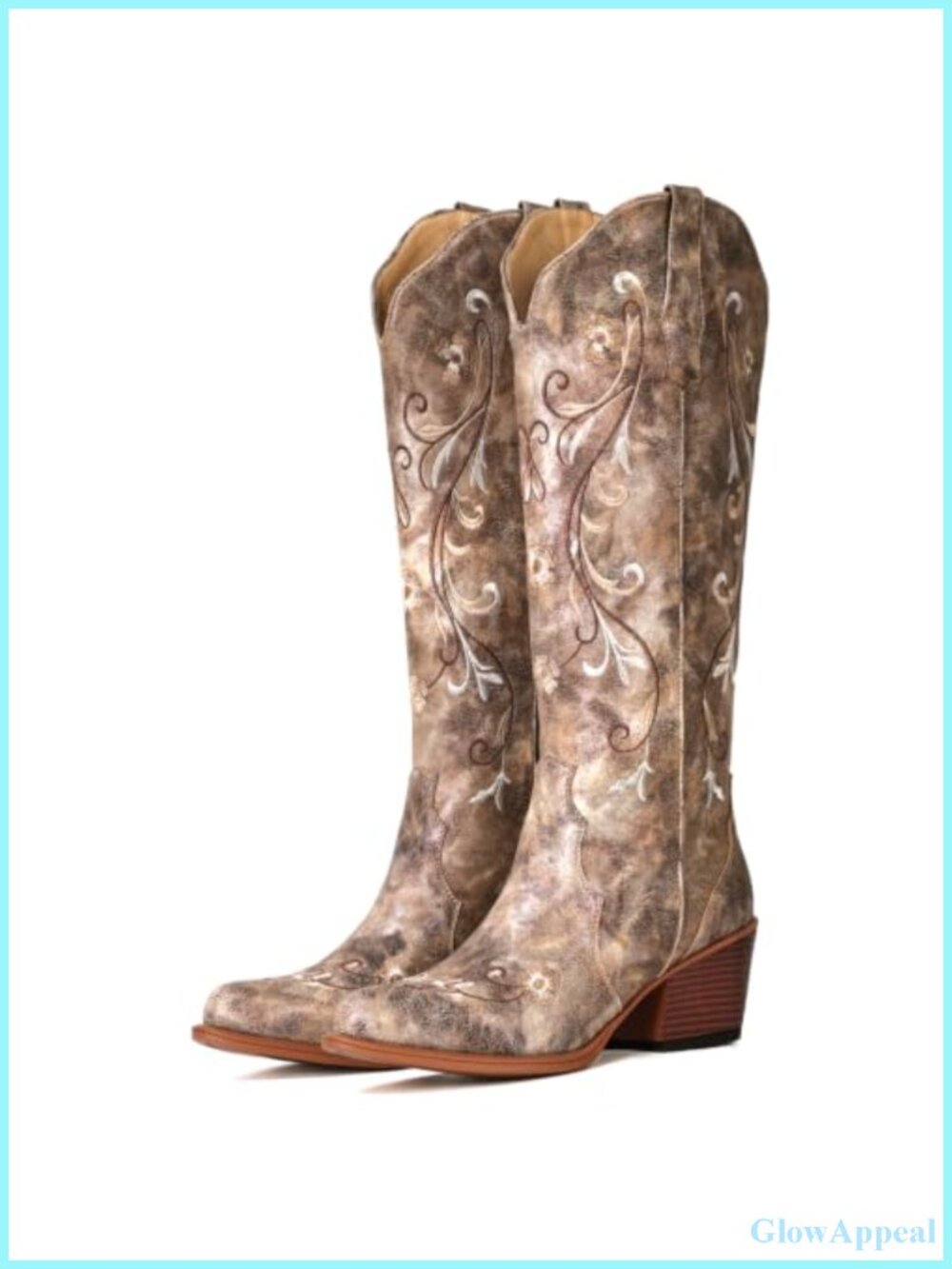 Knee High Western Cowboy Boots Floral Embroidery Faux Leather Pull On